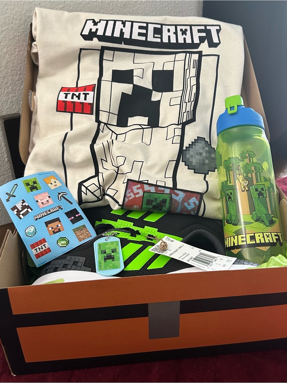Minecraft X Adidas Pro J Sneakers ,T-shirt, water bottle  and stickers Gift Set